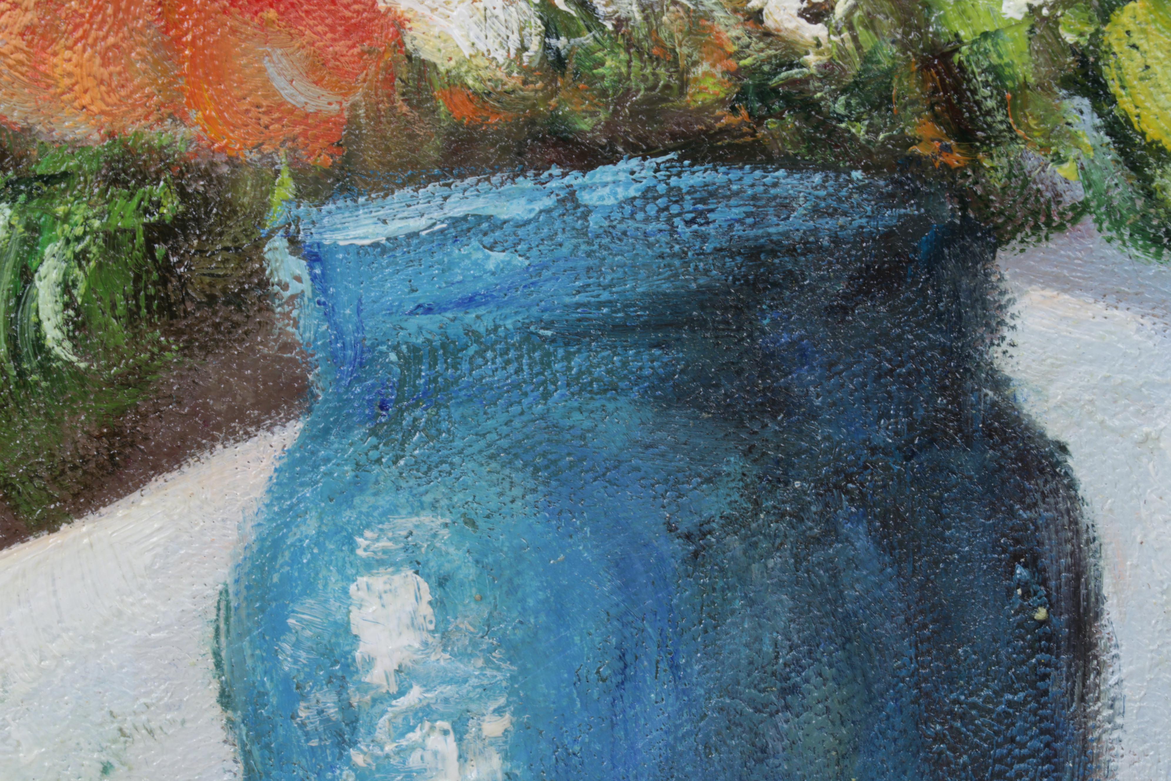 Still Life Oil Painting of Flowers in Blue Vase, Circa 2000 | EBTH