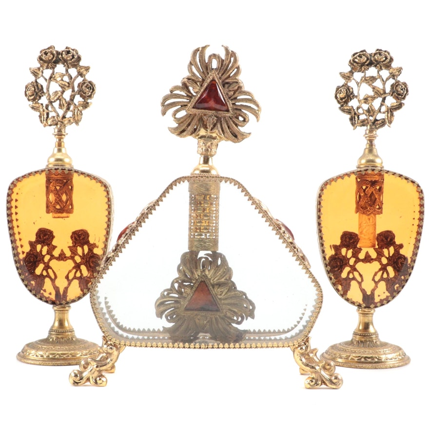 Brass Mount Amber and Clear Glass Perfume Bottles, Early 20th Century