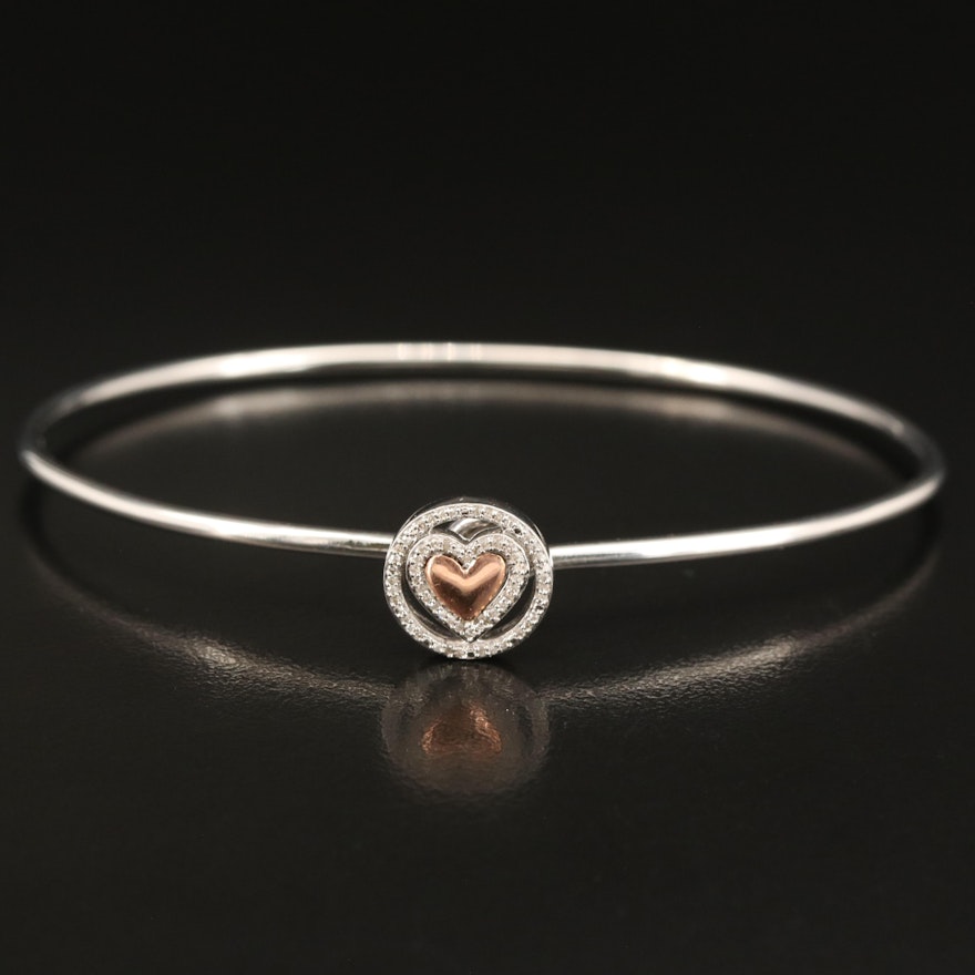 Sterling Diamond Heart Bangle with 10K Rose Gold Accent