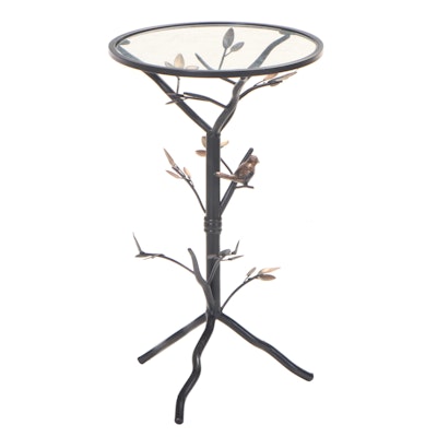 Bronze-Patinated Metal and Glass Top "Bird-on-Branch" Side Table