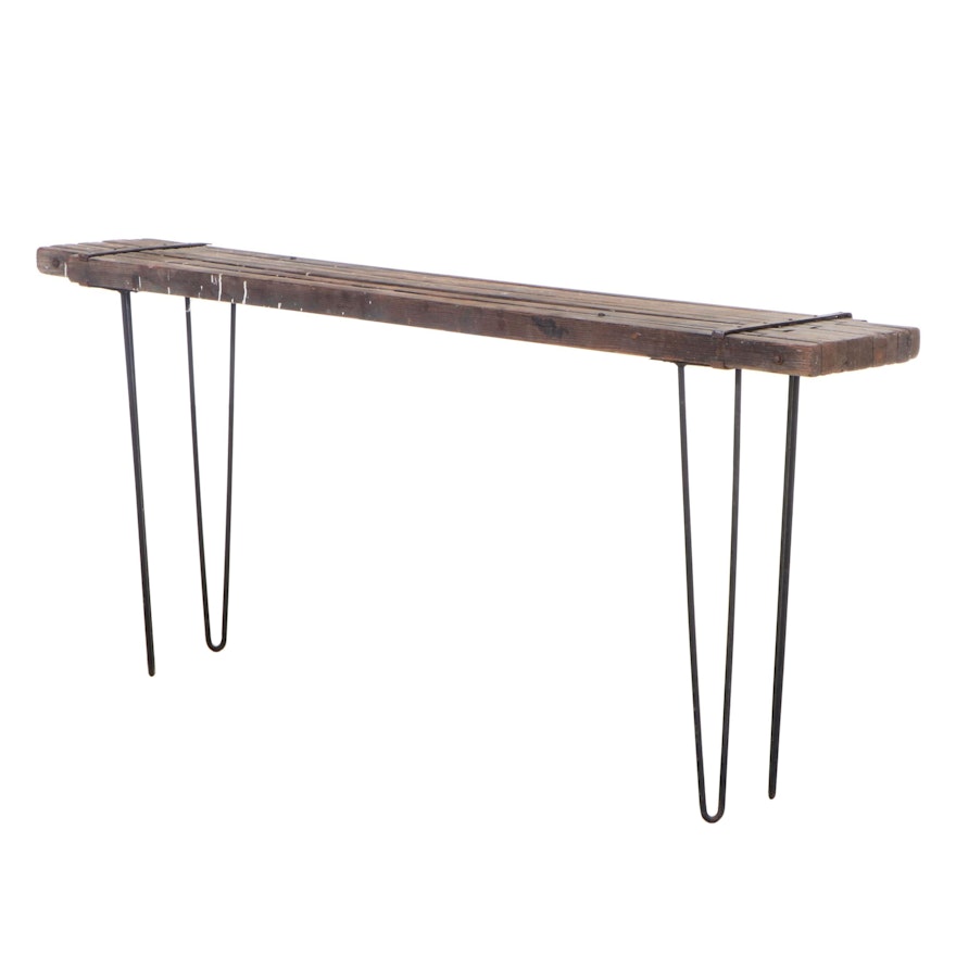 Industrial Iron-Mounted and Slatted Pine Console Table, Adapted