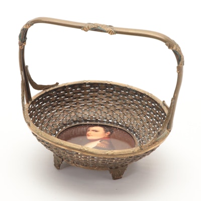 French Woven Bronze Basket with Hand-Painted Porcelain Napoleon Portrait Plaque