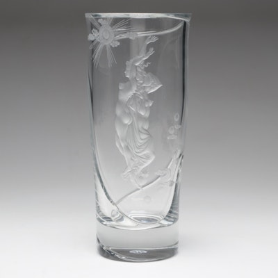 Exbor Figural Sun and Moon Cut and Engraved Czech Crystal Vase, Late 20th C.