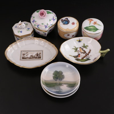 Herend "Rothschild Bird" Leaf Dish with European Porcelain Boxes and Dishes
