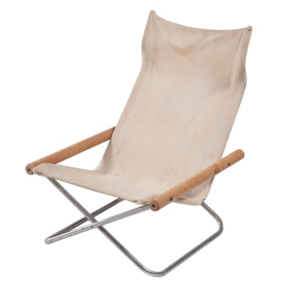 Folding Modern Chromed Metal, Wood and Cavnas Sling Chair, Mid-Late 20th C
