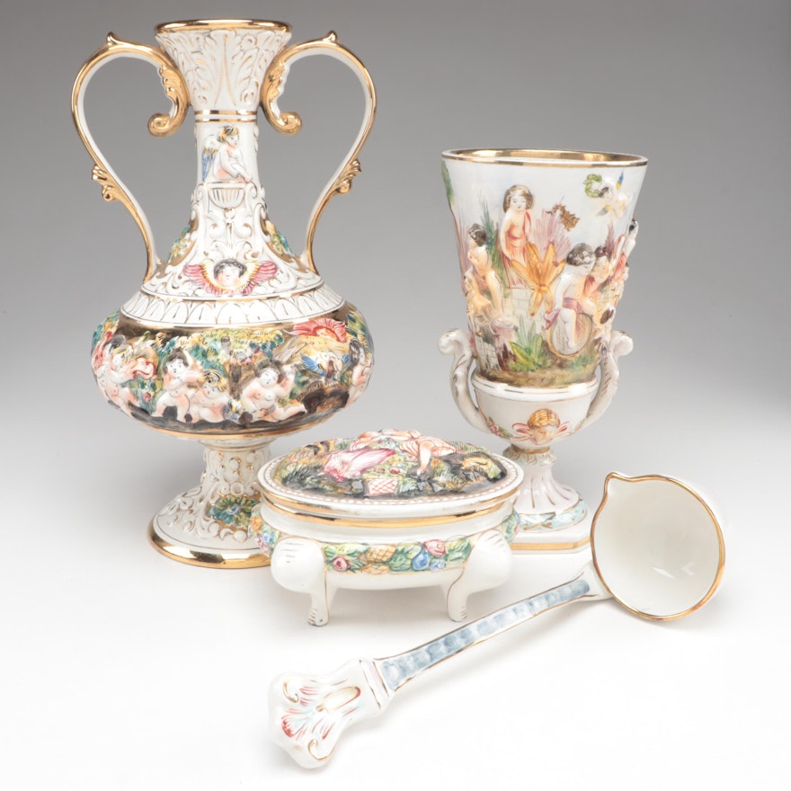 Capodimonte Porcelain Vases, Lidded Box and Ladle, Mid to Late 20th Century