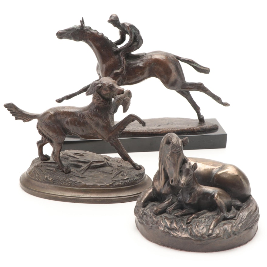 Cast Bronze Retriever, Race Horse and Jockey, Cast Resin Mare and Foal Figurines