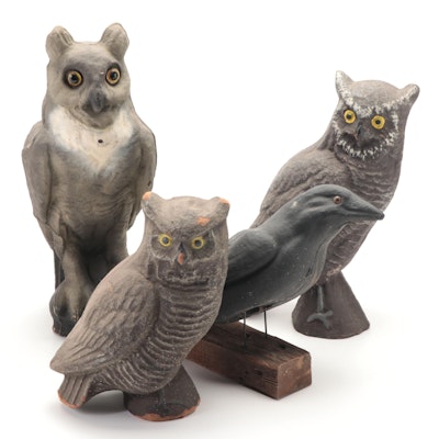 Hand-Painted Papier-mâché Owl and Crow Decoys, Early 20th Century
