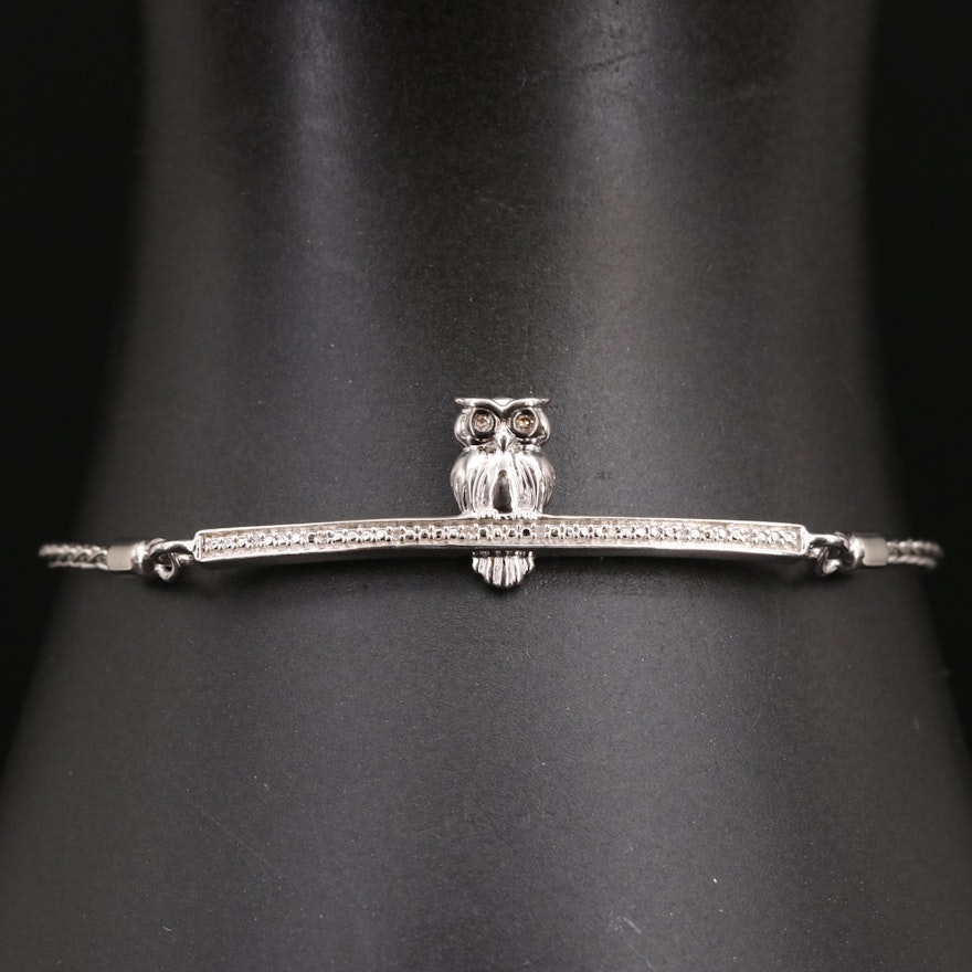 Sterling Diamond Owl Bolo Bracelet