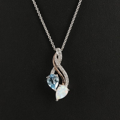 Sterling Opal, Sky Blue and White Topaz Necklace with 10K Rose Gold Accent