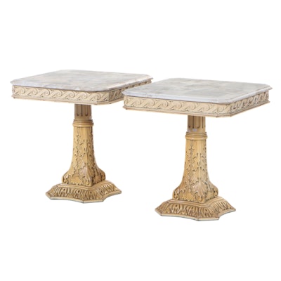 Pair of Foliate Carved, Lacquered and Marble Top Side Tables