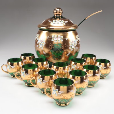 Bohemian Gilt and Enameled Floral Green Czech Glass Punch Bowl, Cups and Ladle
