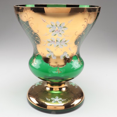 Severosklo Style Bohemian Gilt and Enameled Floral Green Czech Art Glass Vase