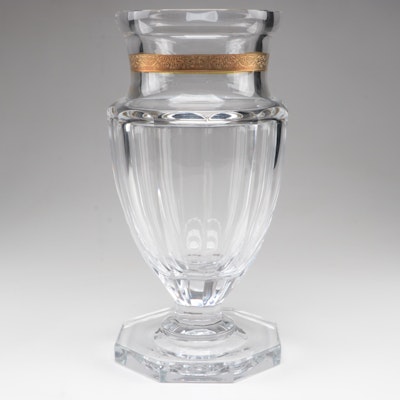 Moser Faceted Cut Clear Footed Czech Crystal Vase with Gilt Frieze, Late 20th C.