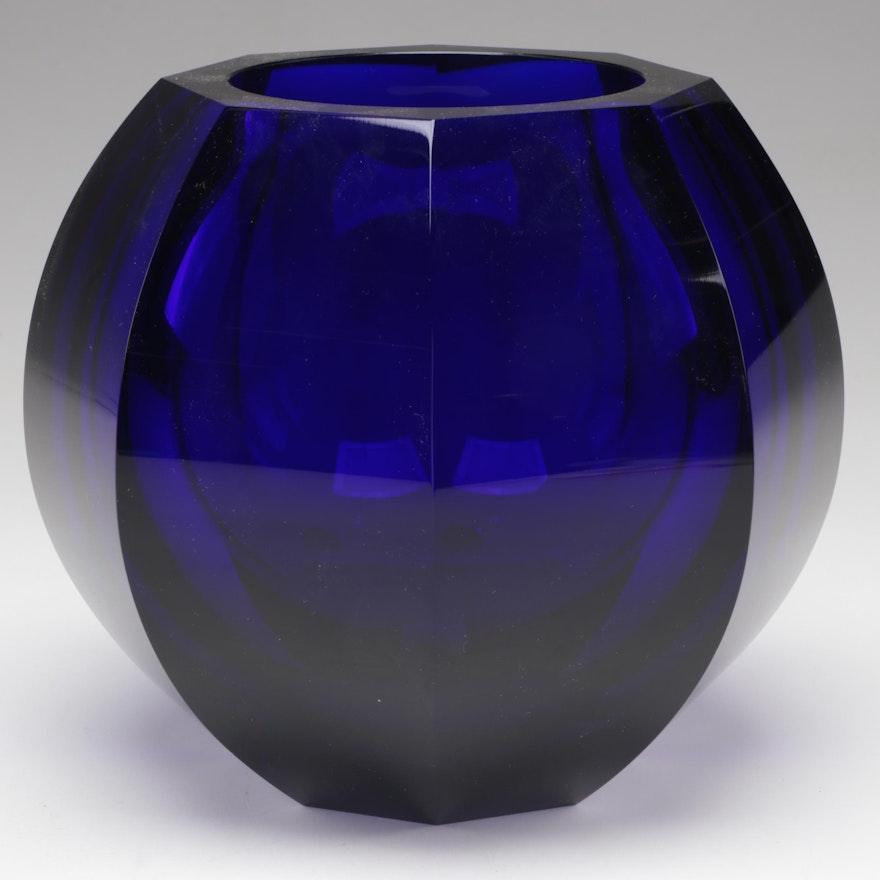Moser "Beauty" Faceted Cut Cobalt Blue Czech Crystal Vase, Late 20th Century