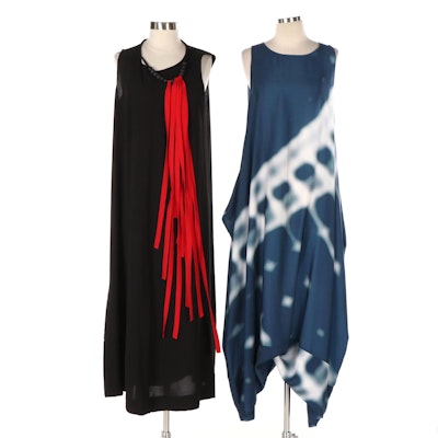 Maria Calderara Tie-Dye Print and Beaded Fringe Embellished Sleeveless Dresses