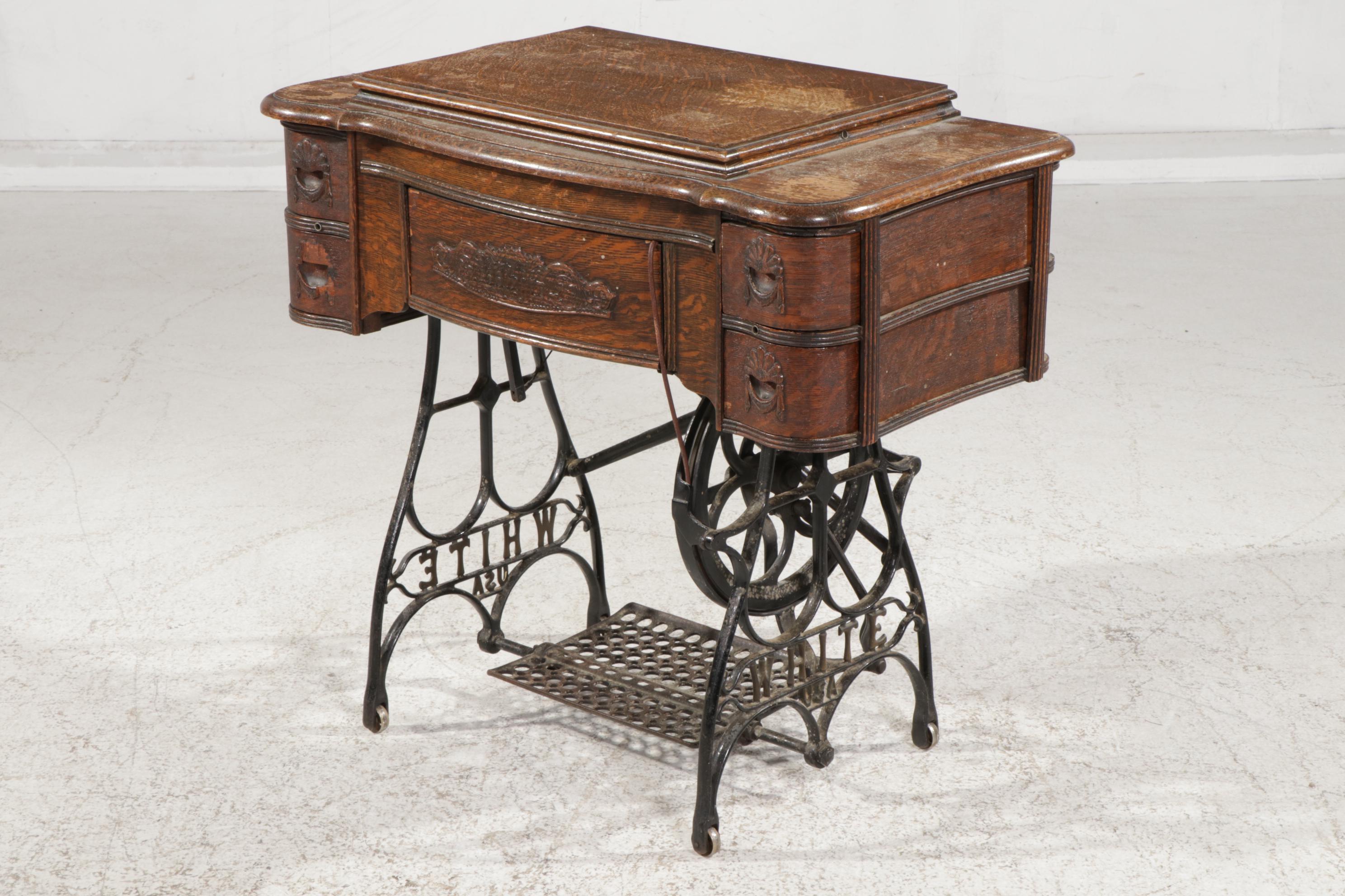 White Treadle Sewing Machine in Oak and Cast Iron circa 1890