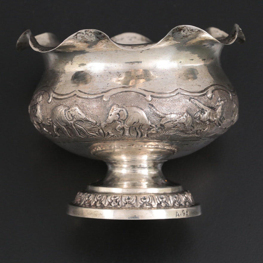 Indo-Persian Style Chased Hunting Scene Sterling Silver Pedestal Bowl