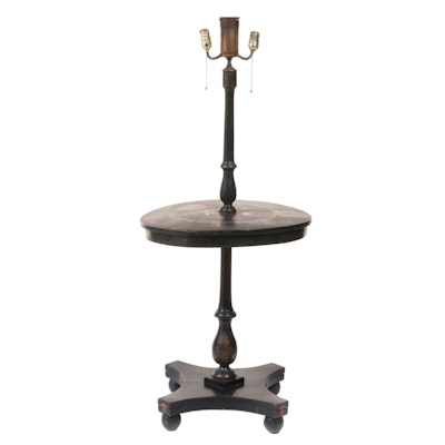 Ebonized Wood, MOP, Abalone Inlaid Torchière Tray Floor Lamp, Early 20th C.