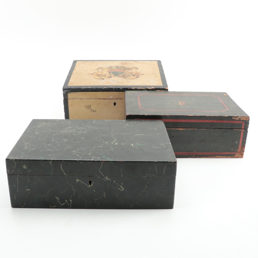 European Polychrome Wooden Boxes and Lap Desk, Mid to Late 19th Century