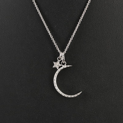 Sterling Diamond Crescent Moon and Star Necklace