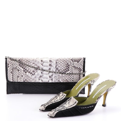 Donald J Pliner Mules and Carlos Falchi Clutch in Python Snakeskin