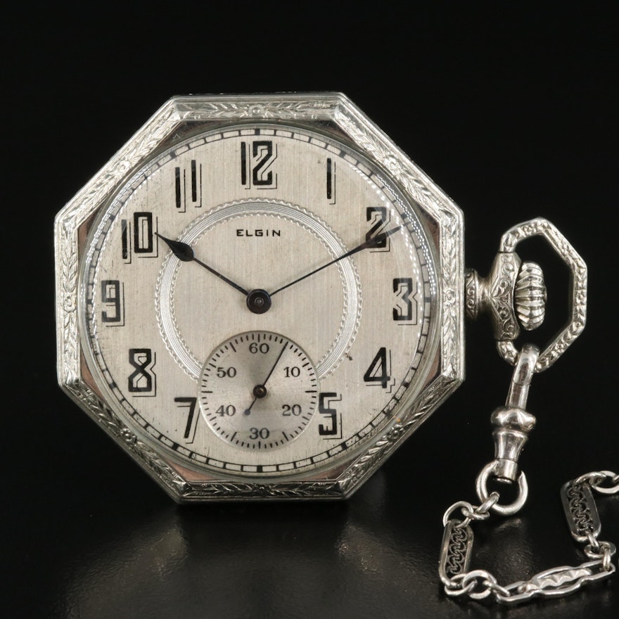 1921 Elgin Sidewinder Octagonal Pocket Watch and Chain