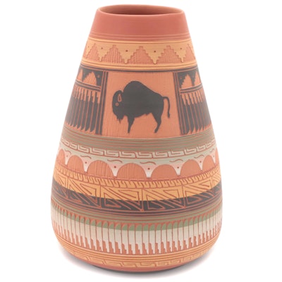 Artist Signed Navajo Diné Hand-Painted Sgraffito Pottery Buffalo Vase