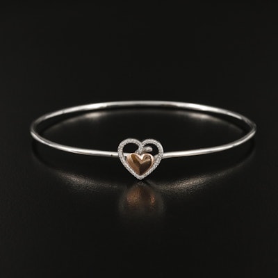 Sterling Diamond Heart Bangle with 10K Rose Gold Accent