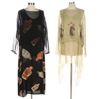 Harari Two-Piece Dress and Blouse in Silk Prints, New with Tags