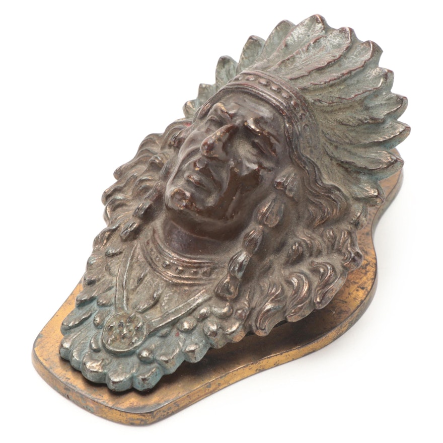 H.L.Judd Co. Patinated Cast Metal Native American Chief Paper Clip, Early 20th C