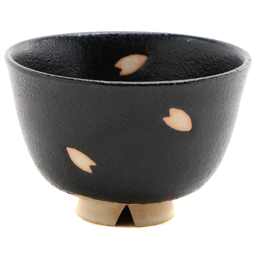 Japanese Black Slip Glazed Stoneware Cherry Blossom Petal Chawan Tea Bowl
