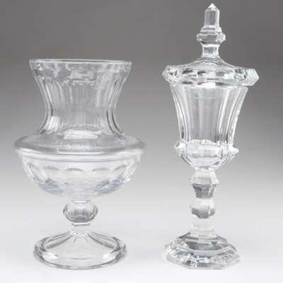 Moser Cut Crystal Lidded Compote and Castilian Imports Cut Crystal Vase