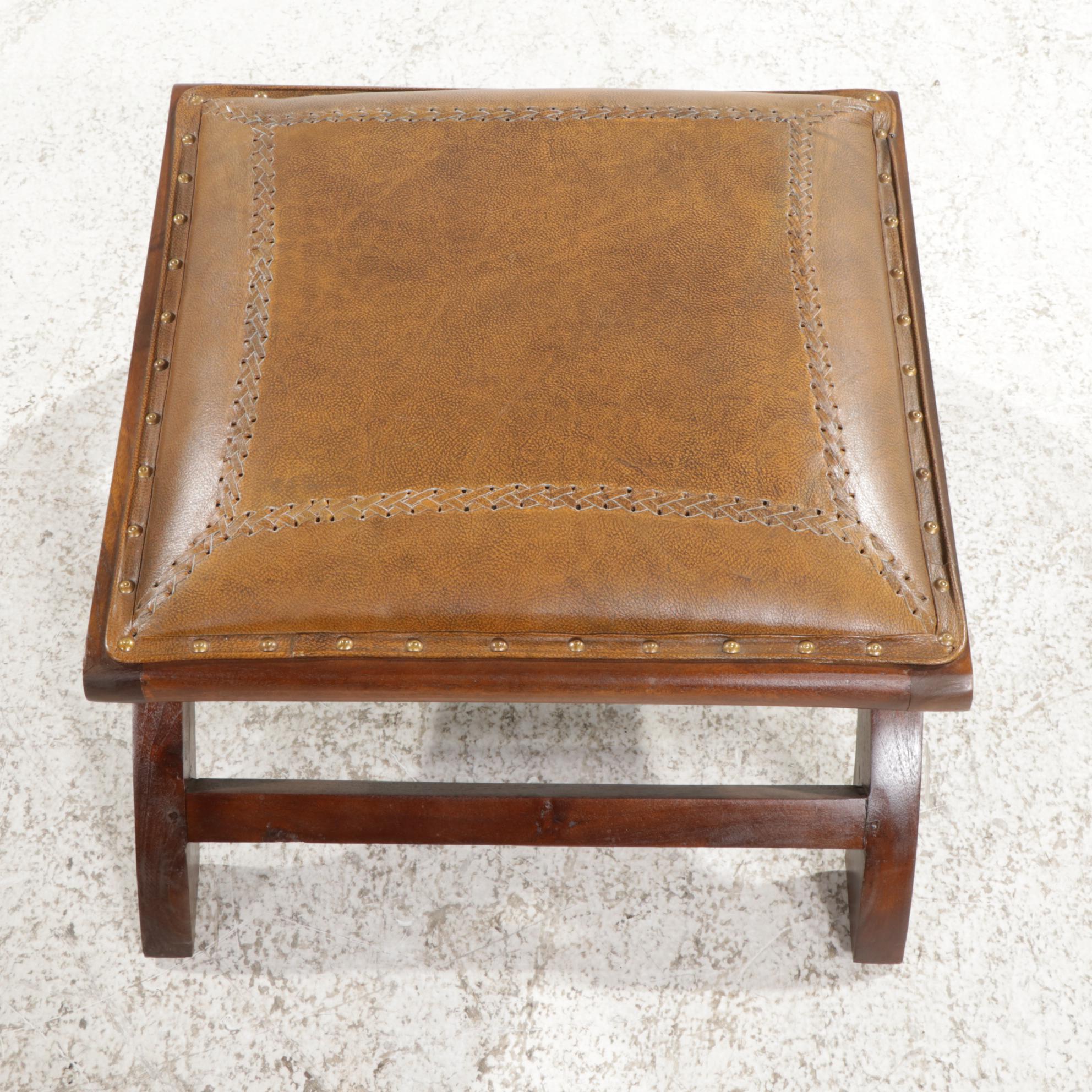 Contemporary Dovetail Furniture Teak and Leather Ottoman EBTH