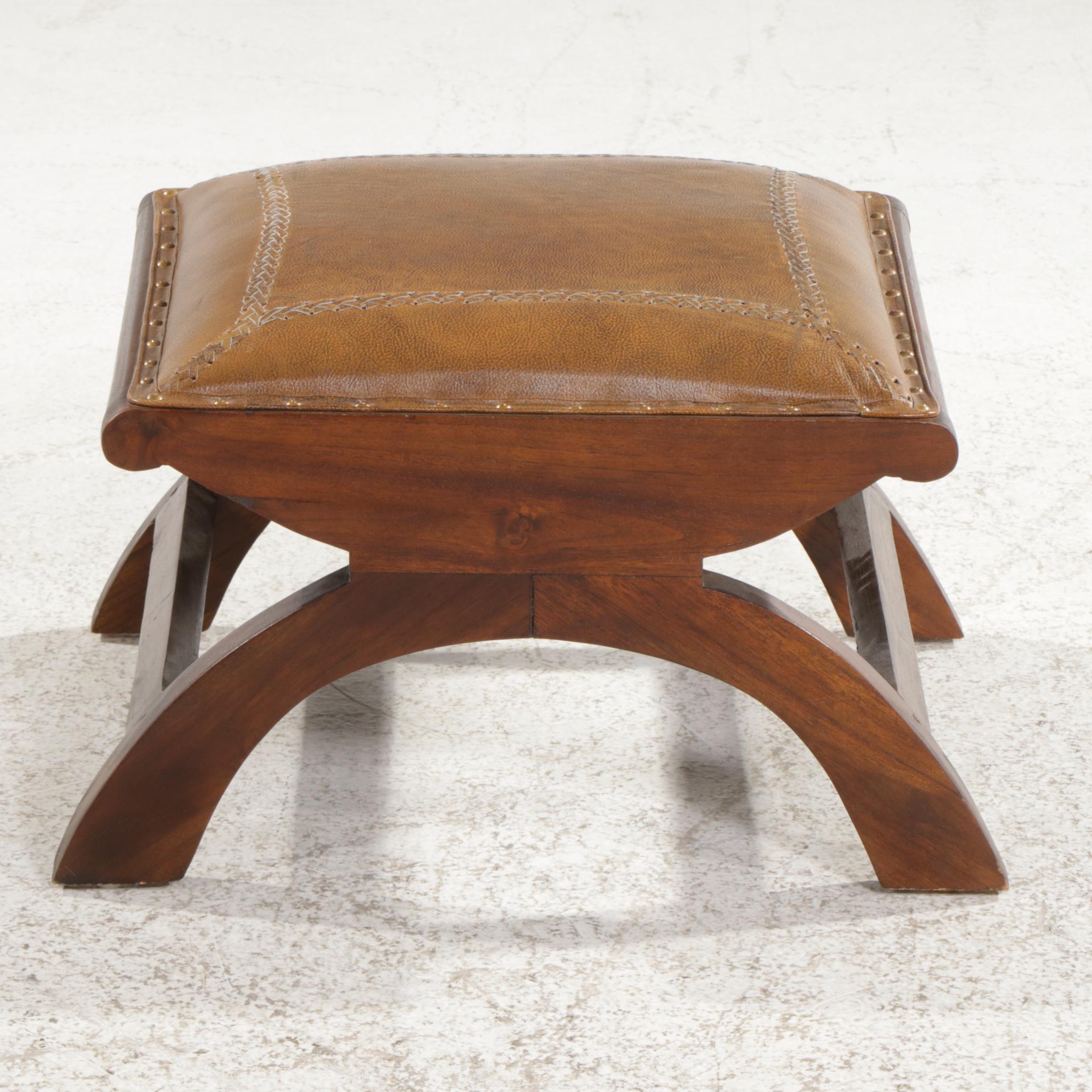 Contemporary Dovetail Furniture Teak and Leather Ottoman EBTH