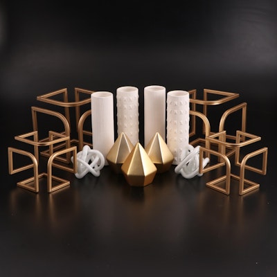 Contemporary Geometric Metal Home Décor with Vases, Glass Sculptures, More