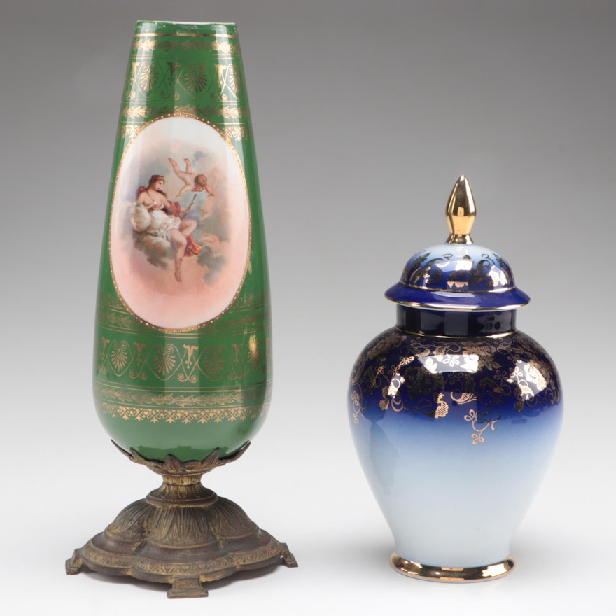 Porzellanfabrik Martinroda Porcelain Lidded Jar with Neoclassical Style Vase