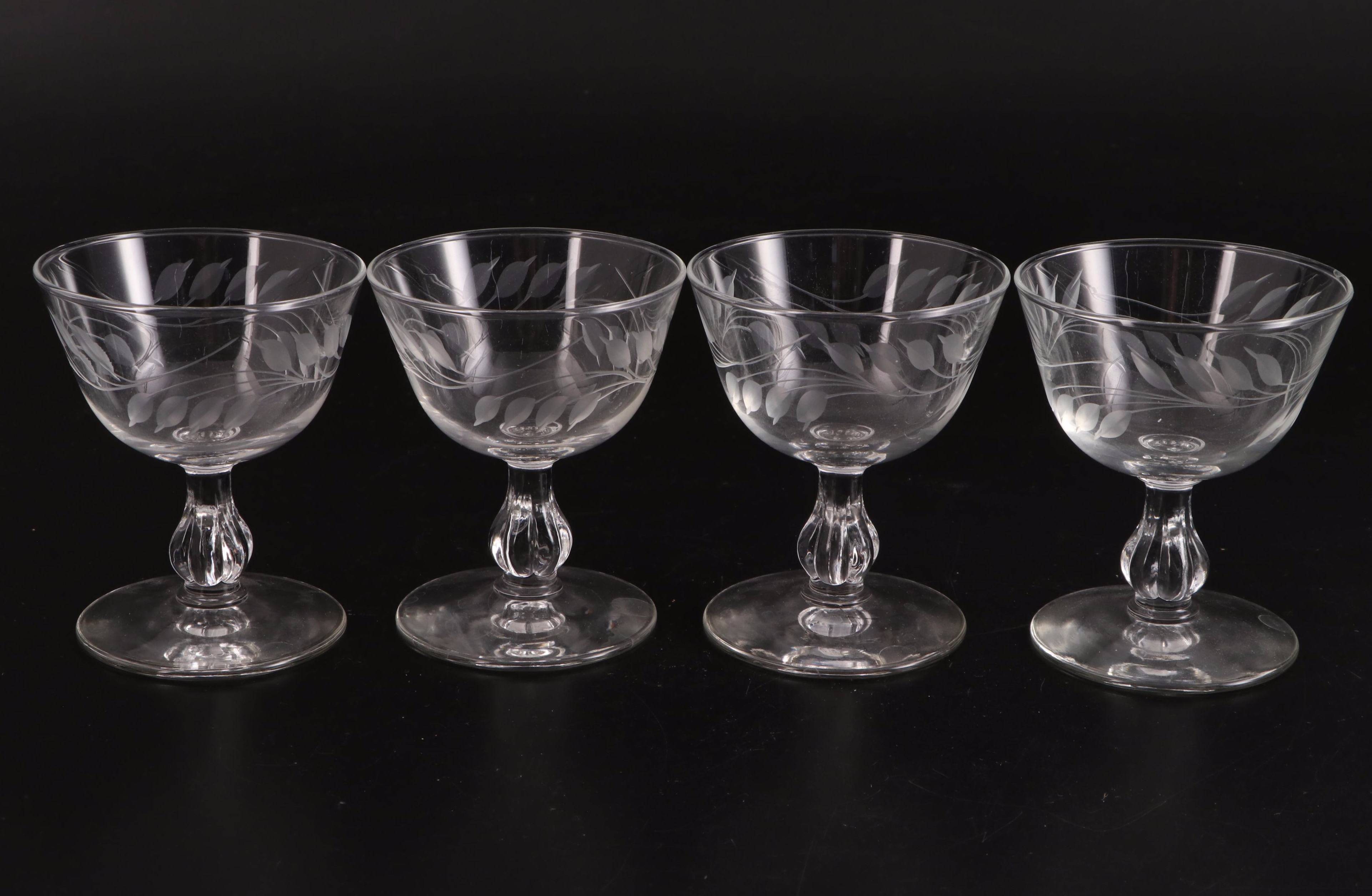 Fern and Flower Motif Glass Stemware and Bud Vase, Mid to Late 20th