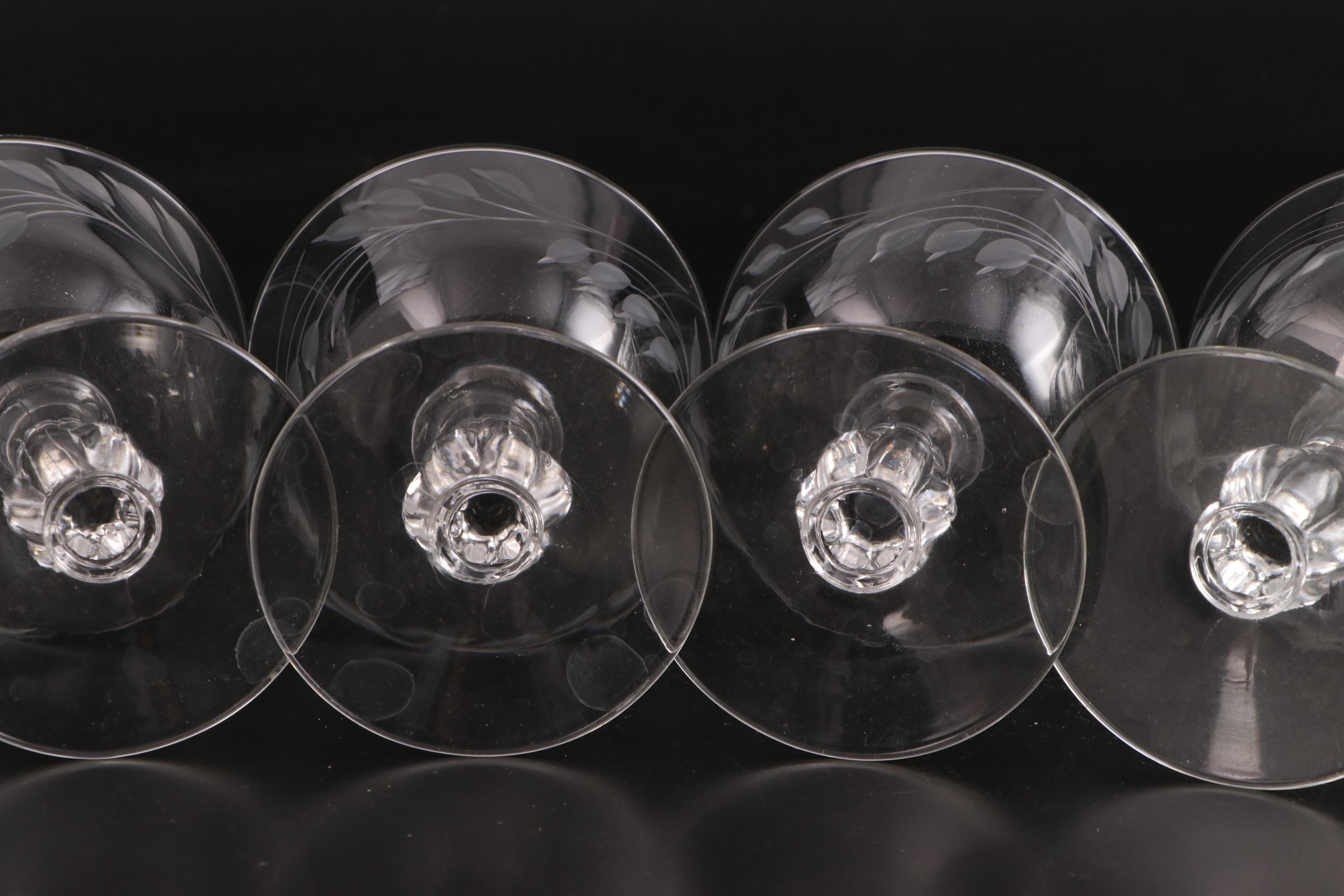 Fern and Flower Motif Glass Stemware and Bud Vase, Mid to Late 20th