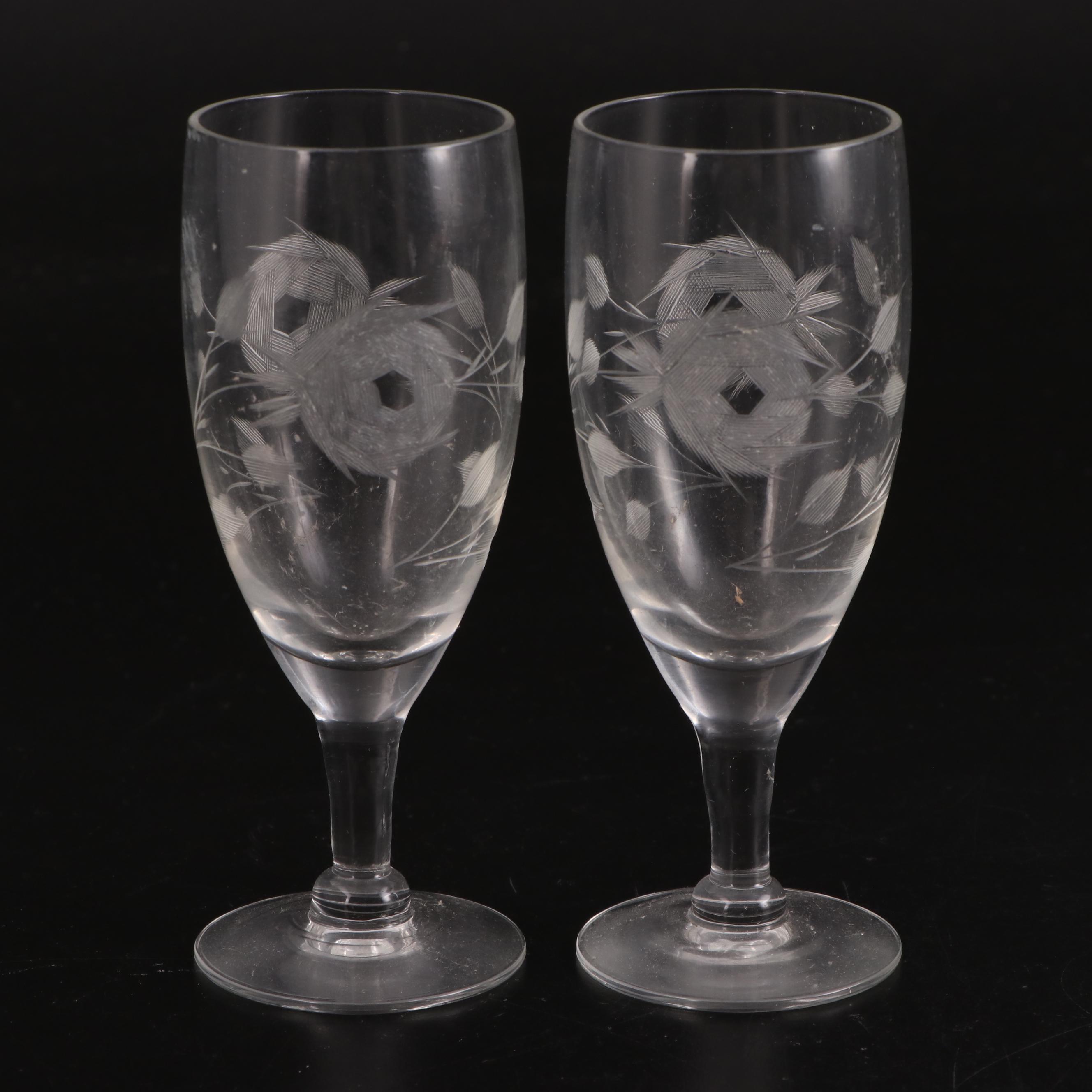 Fern and Flower Motif Glass Stemware and Bud Vase, Mid to Late 20th