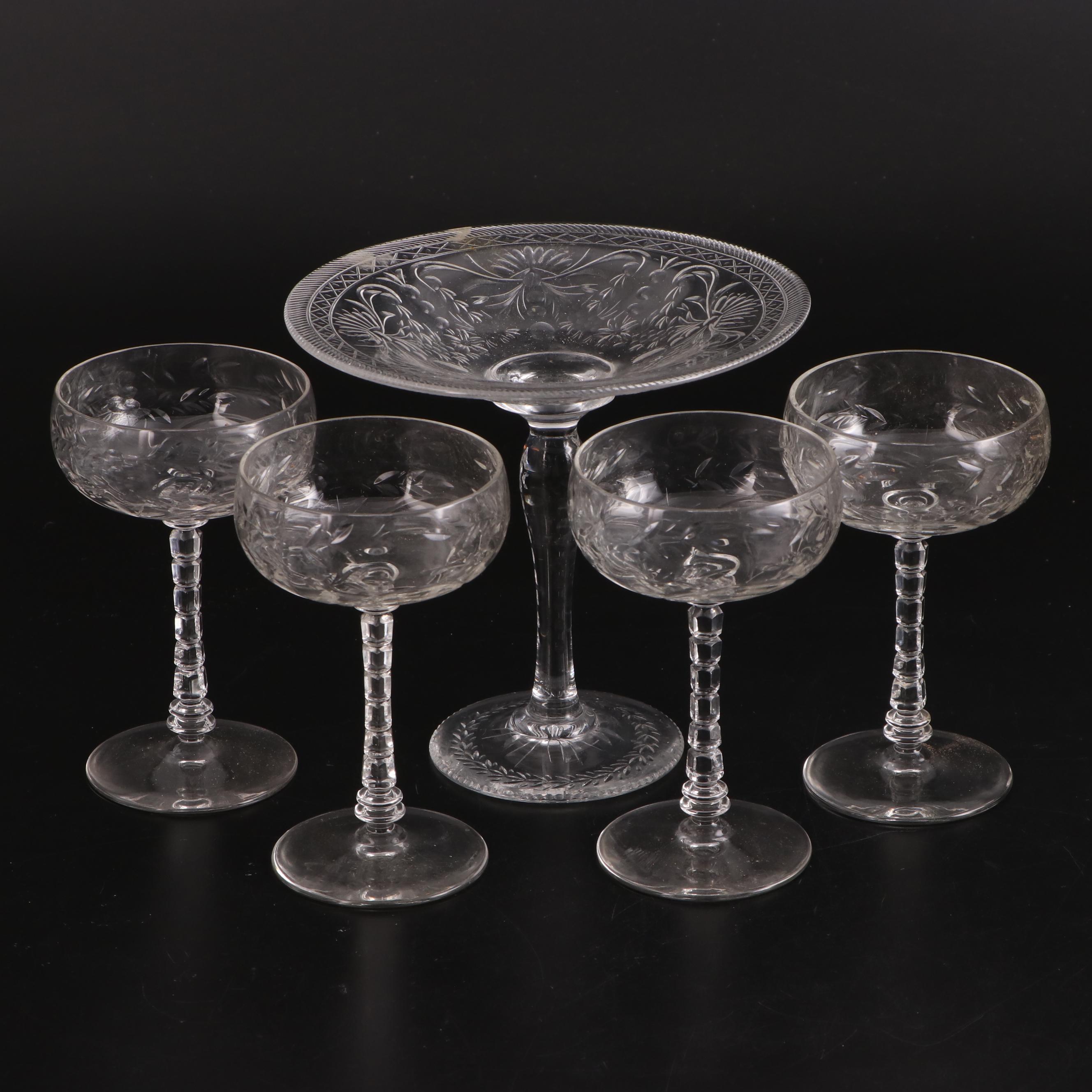 Rock Sharpe Cocktail Glasses with Pressed Glass Compote, Early to Mid