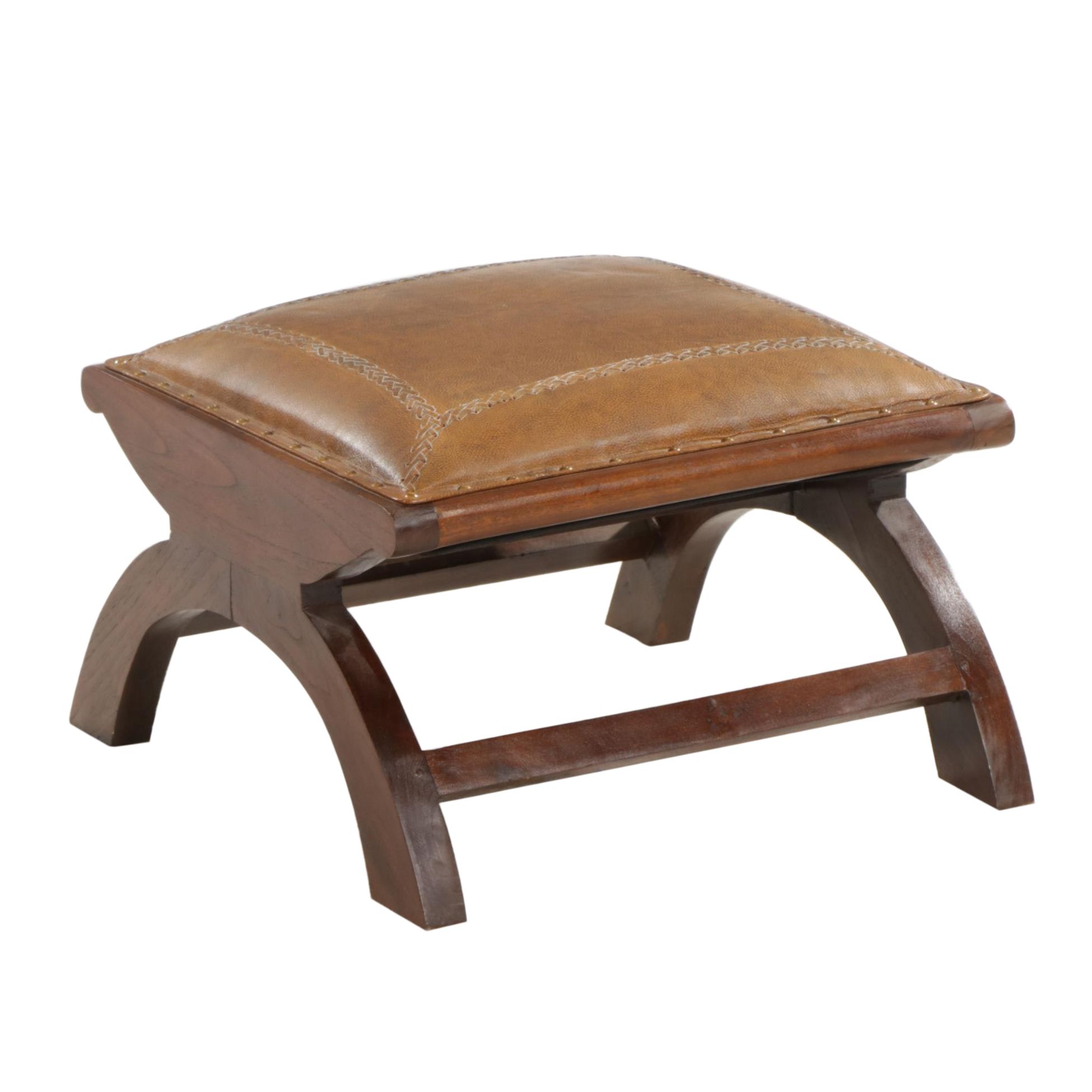 Contemporary Dovetail Furniture Teak and Leather Ottoman EBTH