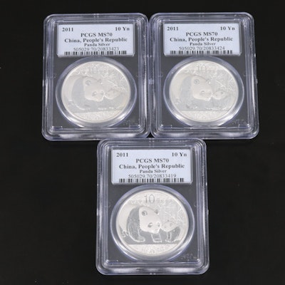 Three PCGS Graded MS70 2011 China Panda 10 Yuan Silver Coins