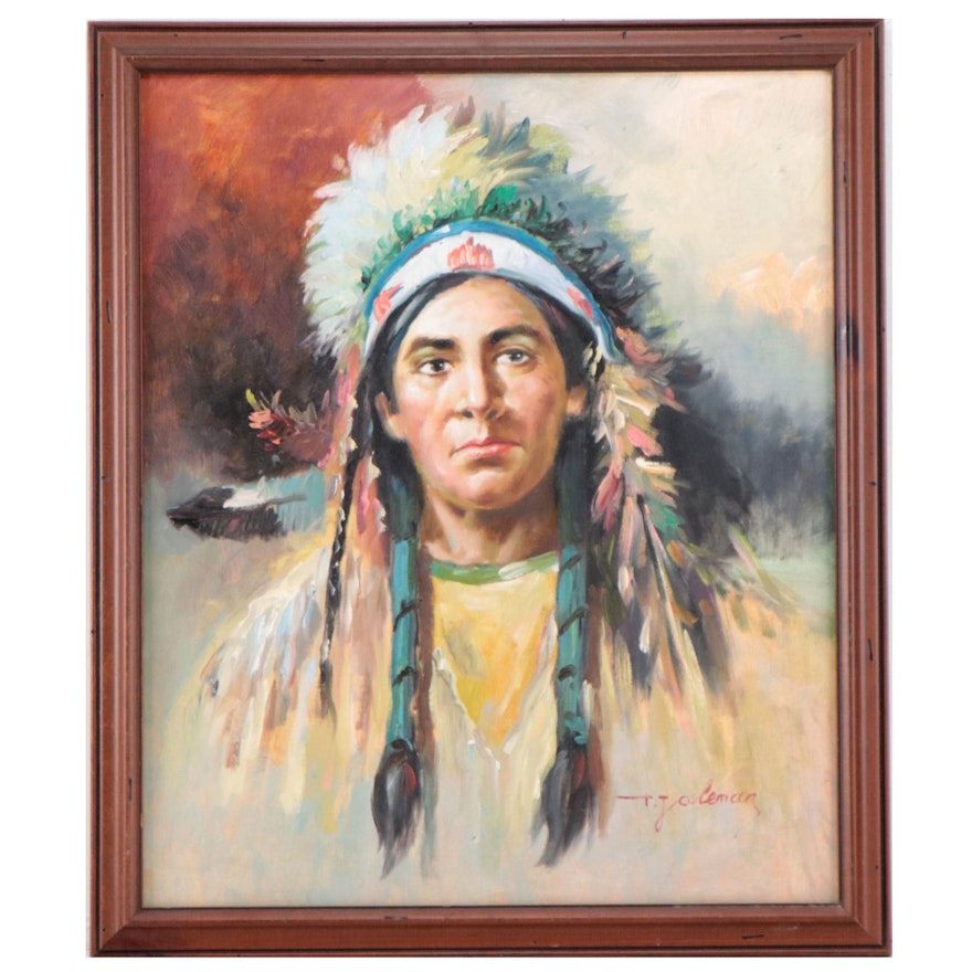 T.J. Coleman Native American Portrait Oil Painting, Late 20th Century