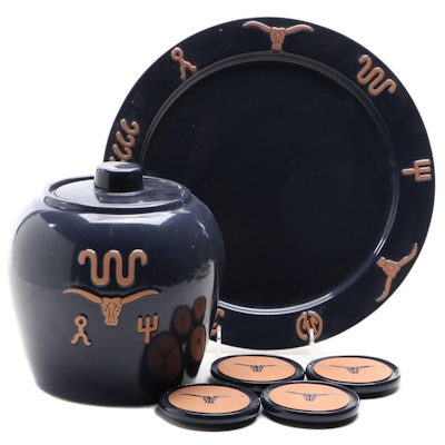 Frankoma "Ranch" Ceramic Platter, Cookie Jar and Coasters