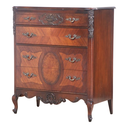 Johnson Furniture Co. Louis XV Style Walnut and Burl Walnut Four-Drawer Chest