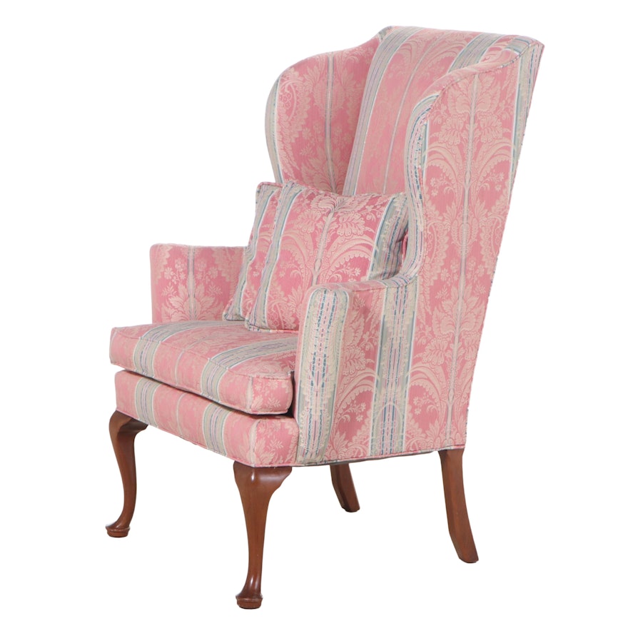 Queen Anne Style Custom-Upholstered Mahogany Wingback Armchair