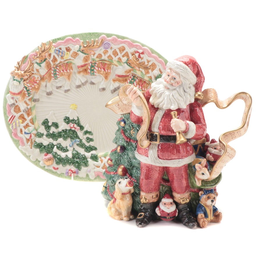Fitz and Floyd Old Fashioned Christmas Ceramic Pitcher and Platter
