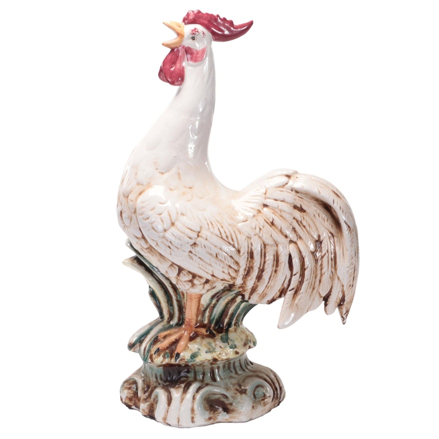 Majolica Hand-Painted Earthenware Crowing Rooster Figurine