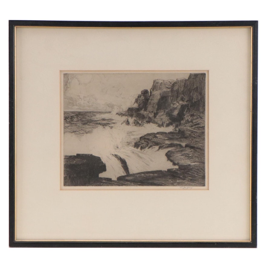 Charles Jacques Young Landscape Etching of Cliffs